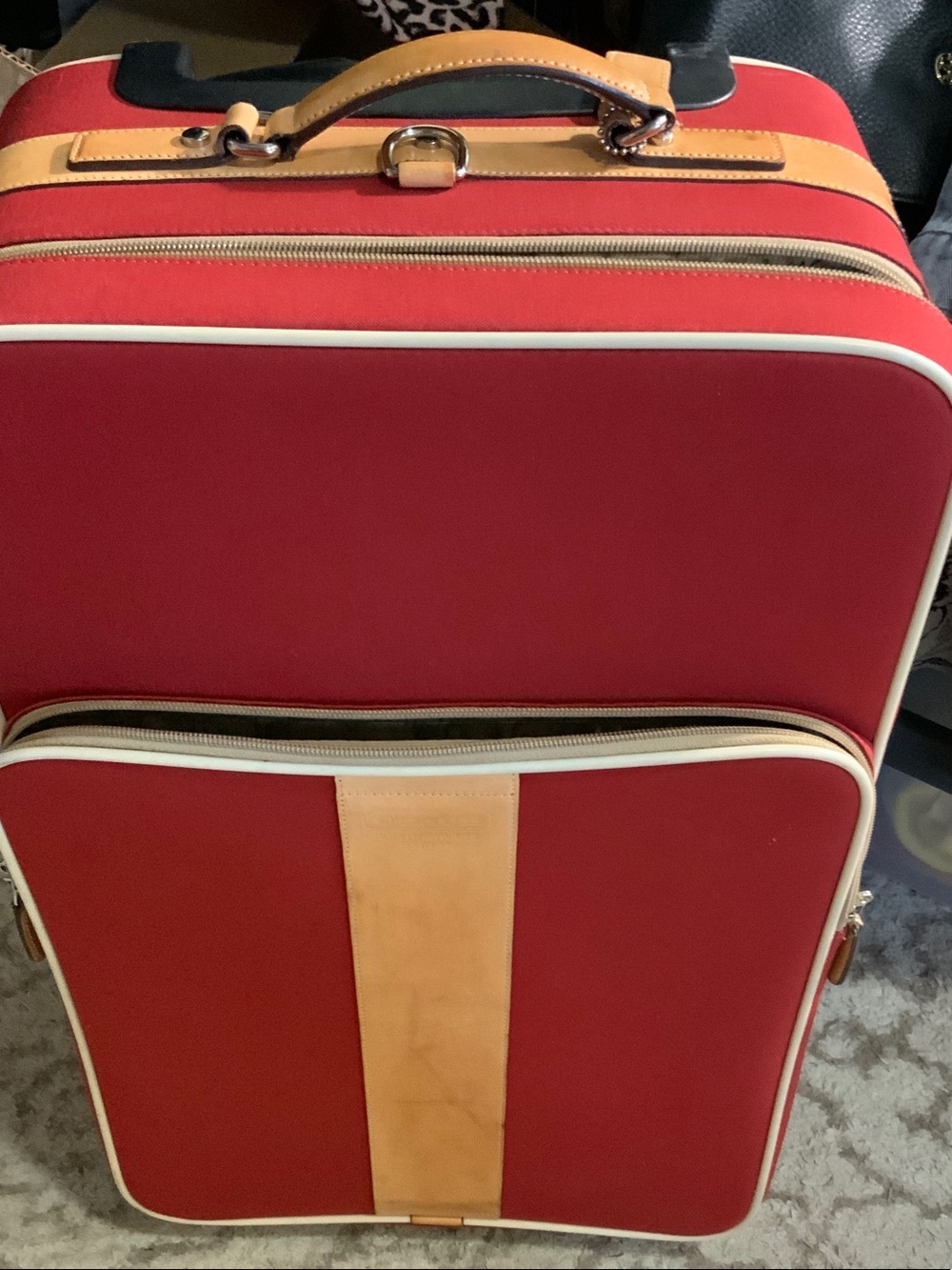 Coach Red Carry-On Suitcase with Tan Leather Trim,Vintage